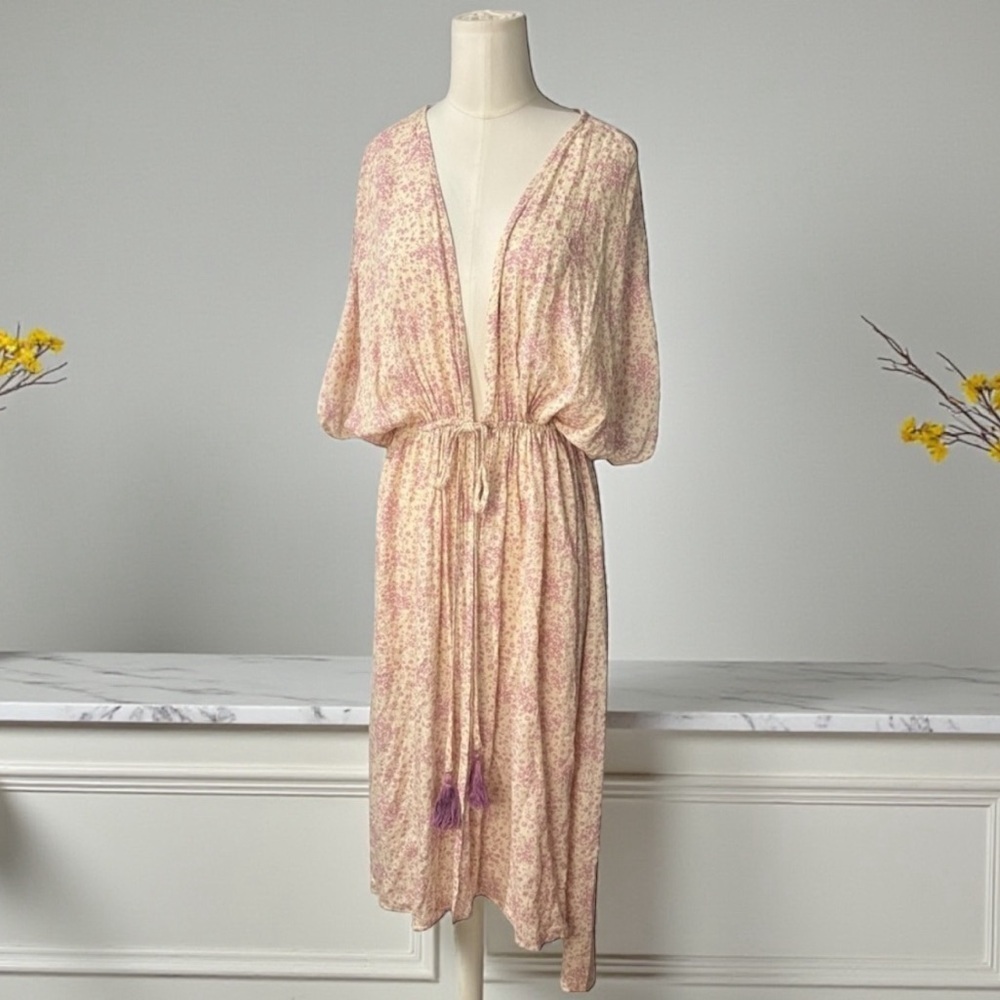 Heyson Floral Pink Tie Front Maxi Kimono / Tunic Cover  In Small Sz